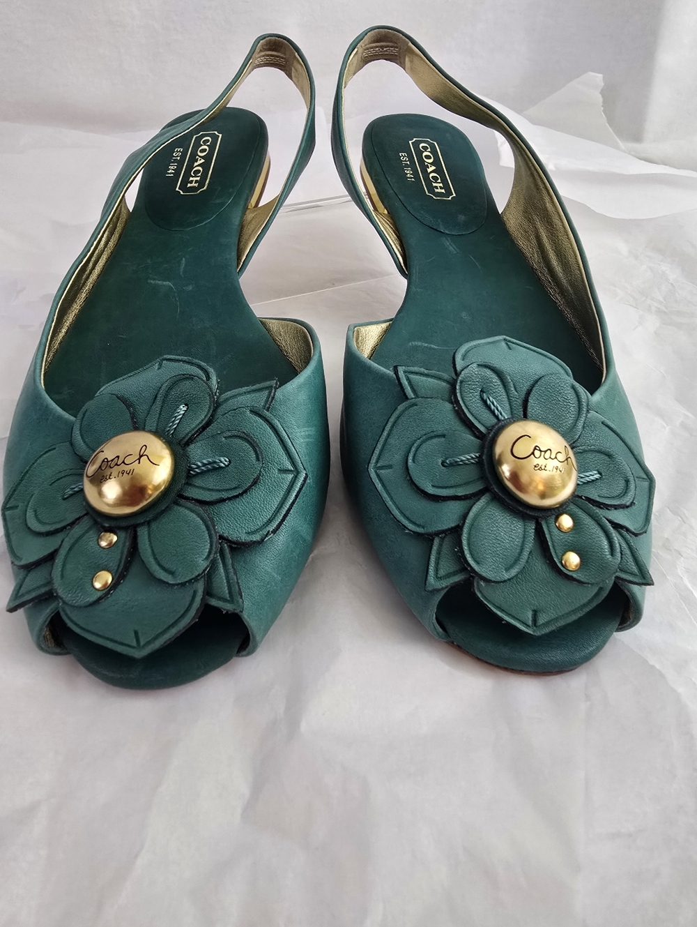 COACH Est. 1941 Teal Green Leather Floral Slingback Peep Toe Heels - Sz 8.5 NWOB - Picture 2 of 11
